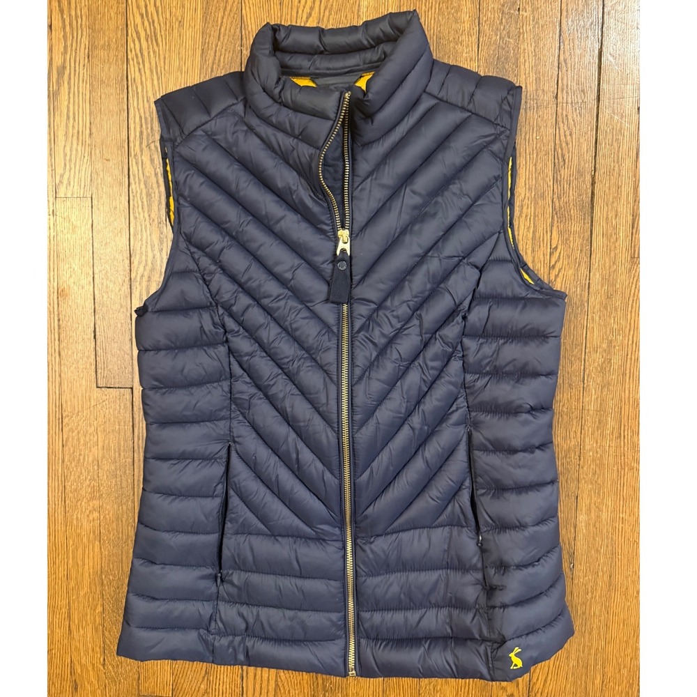 Joules Navy Blue Chevron Puffer Vest Yellow Lining Gilet Womens US 6 UK 10